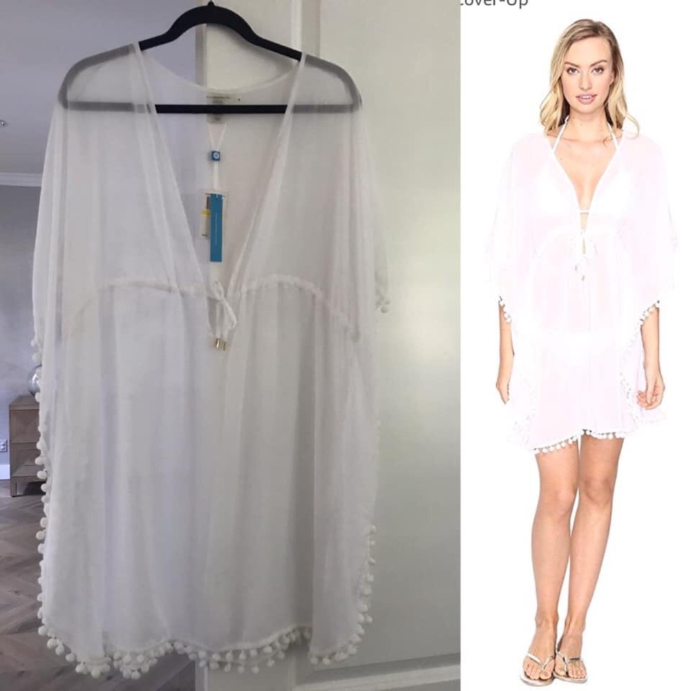 Blue Rod Beattie Pom Trim Cover-up Caftan